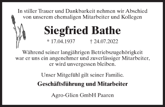 Traueranzeige von Siegfried Bathe von Märkischen Allgemeine Zeitung
