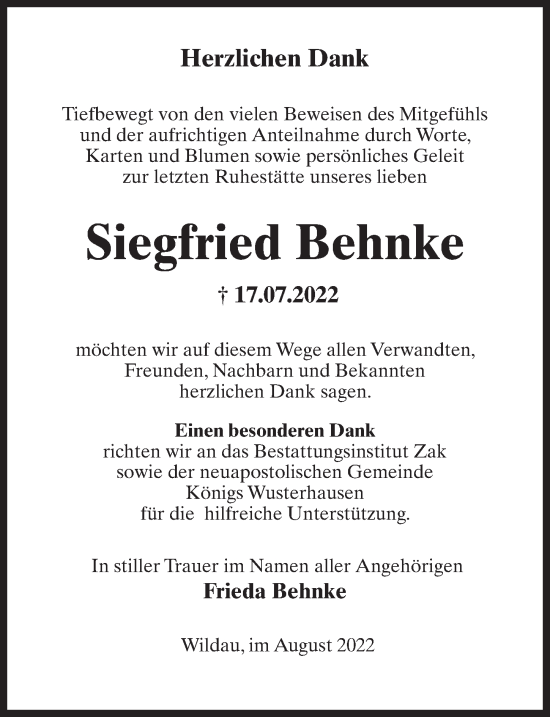 Traueranzeige von Siegfried Behnke von Märkischen Allgemeine Zeitung