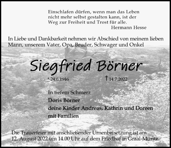 Traueranzeige von Siegfried Börnier von Ostsee-Zeitung GmbH
