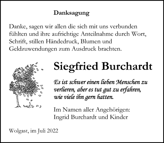 Traueranzeige von Siegfried Buchardt von Ostsee-Zeitung GmbH
