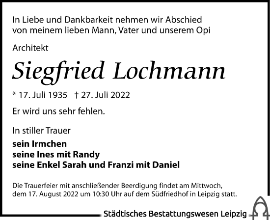 Traueranzeige von Siegfried Lochmann von Leipziger Volkszeitung