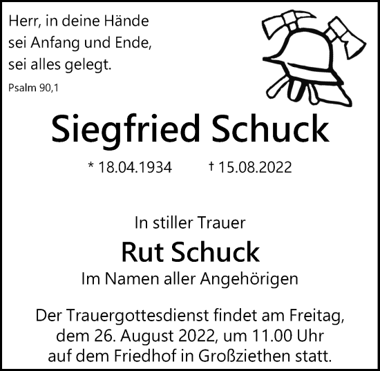 Traueranzeige von Siegfried Schuck von Märkischen Allgemeine Zeitung