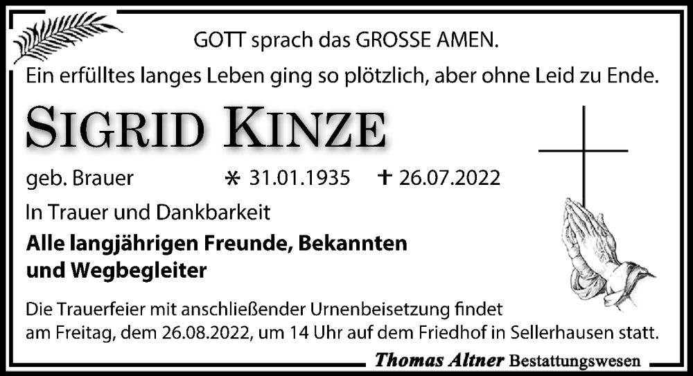  Traueranzeige für Sigrid Kinze vom 13.08.2022 aus Leipziger Volkszeitung