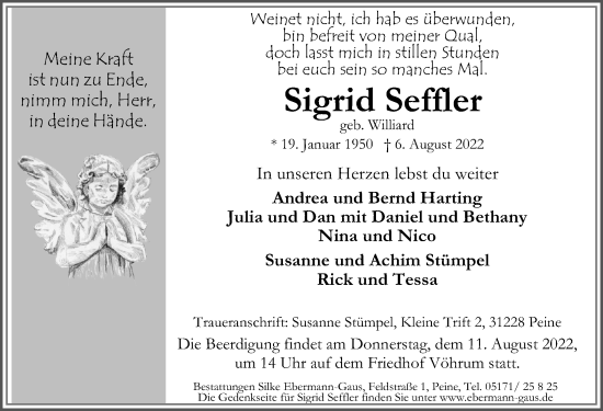 Traueranzeige von Sigrid Seffler von Peiner Allgemeine Zeitung
