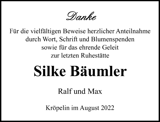Traueranzeige von Silke Bäumler von Ostsee-Zeitung GmbH
