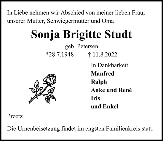 Traueranzeige von Sonja Brigitte Studt von Kieler Nachrichten