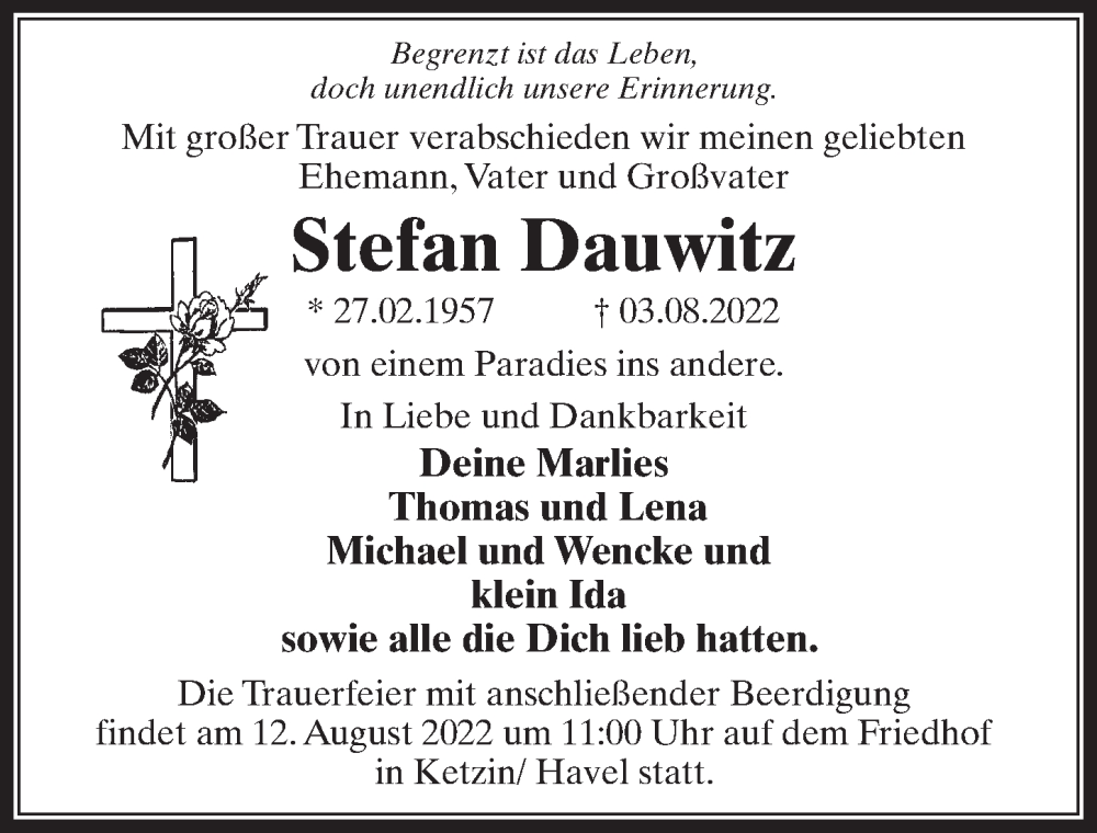  Traueranzeige für Stefan Dauwitz vom 06.08.2022 aus Märkischen Allgemeine Zeitung