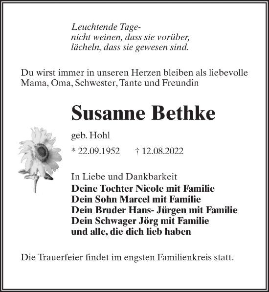 Traueranzeige von Susanne Bethke von Märkischen Allgemeine Zeitung