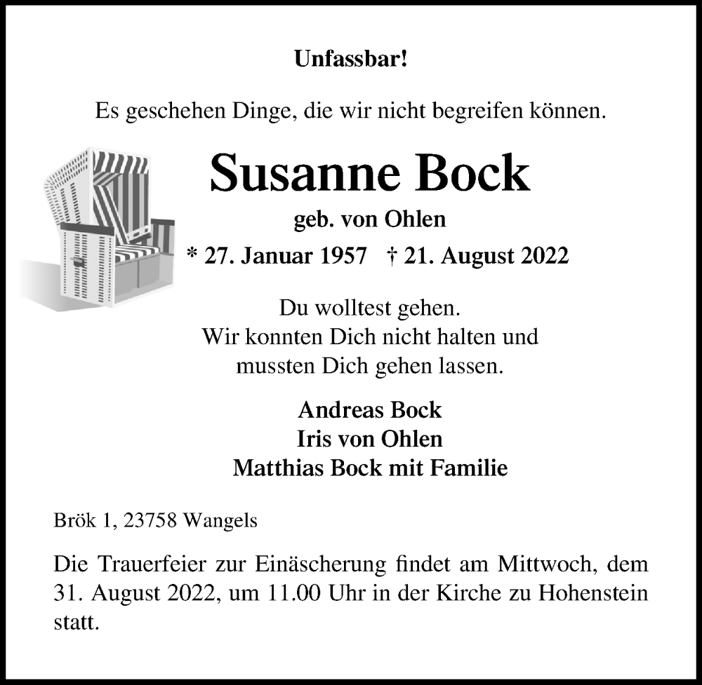  Traueranzeige für Susanne Bock vom 26.08.2022 aus Lübecker Nachrichten