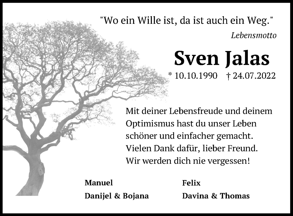  Traueranzeige für Sven Jalas vom 06.08.2022 aus Kieler Nachrichten