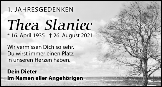 Traueranzeige von Thea Slaniec von Leipziger Volkszeitung