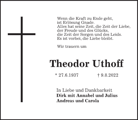 Traueranzeige von Theodor Uthoff von Hannoversche Allgemeine Zeitung/Neue Presse