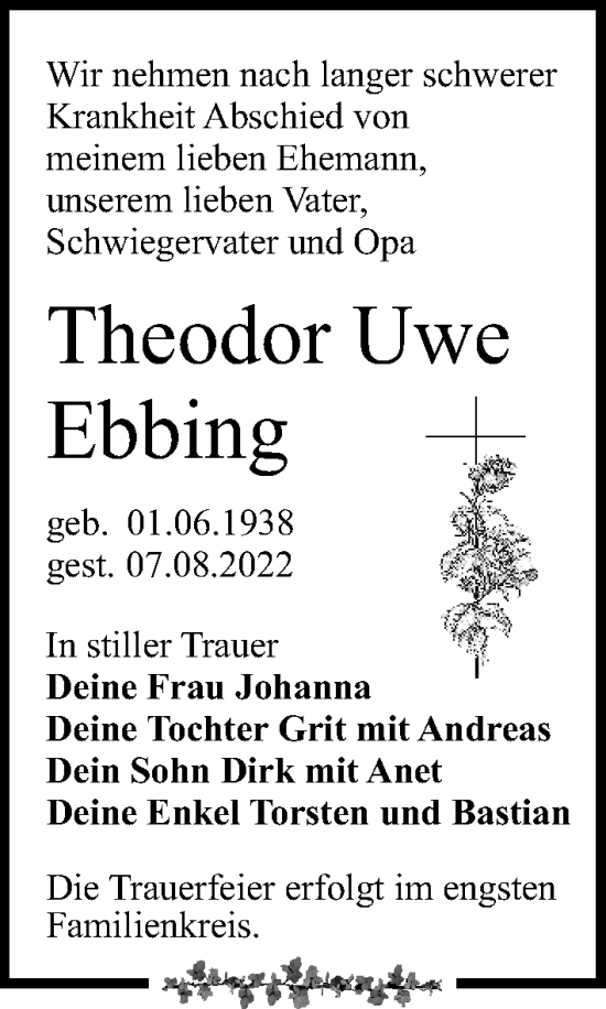 Traueranzeige von Theodor Uwe Ebbing von Leipziger Volkszeitung