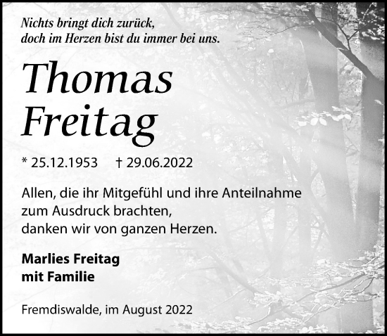 Traueranzeige von Thomas Freitag von Leipziger Volkszeitung