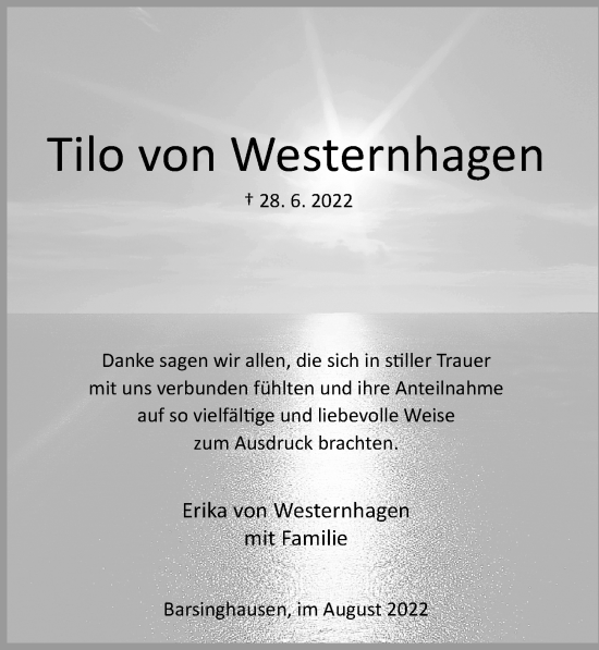 Traueranzeige von Tilo von Westernhagen von Hannoversche Allgemeine Zeitung/Neue Presse