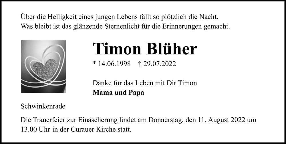  Traueranzeige für Timon Blüher vom 07.08.2022 aus Lübecker Nachrichten
