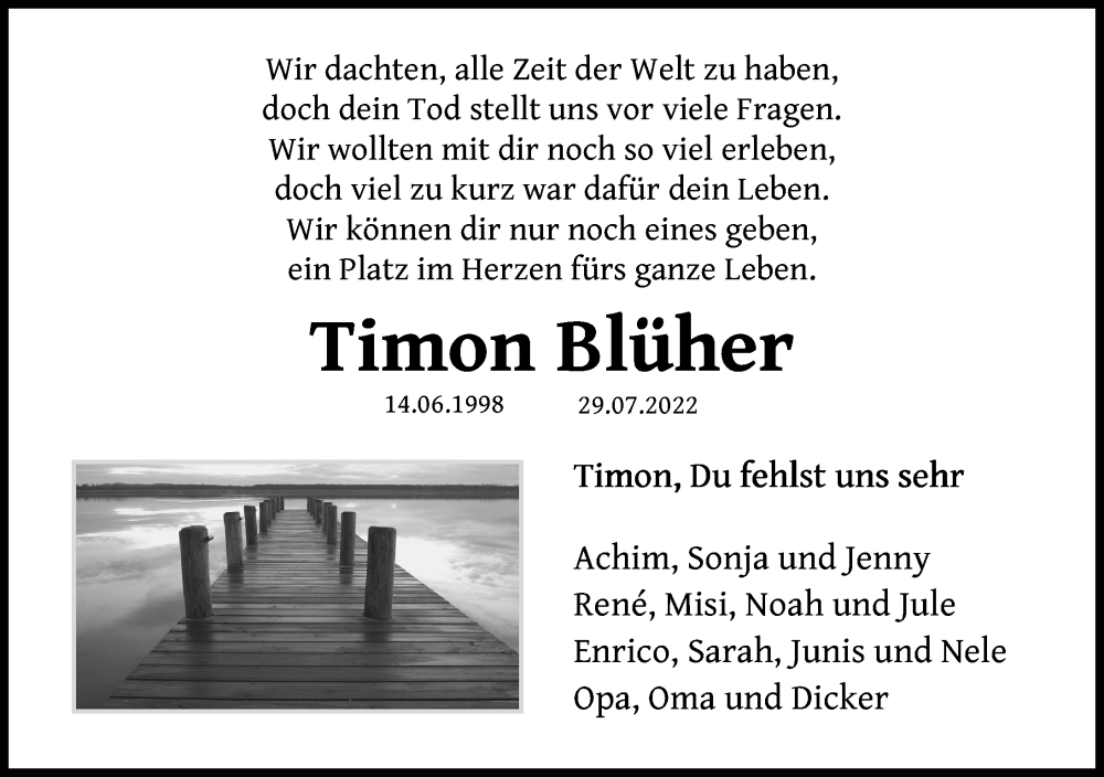  Traueranzeige für Timon Blüher vom 10.08.2022 aus Lübecker Nachrichten