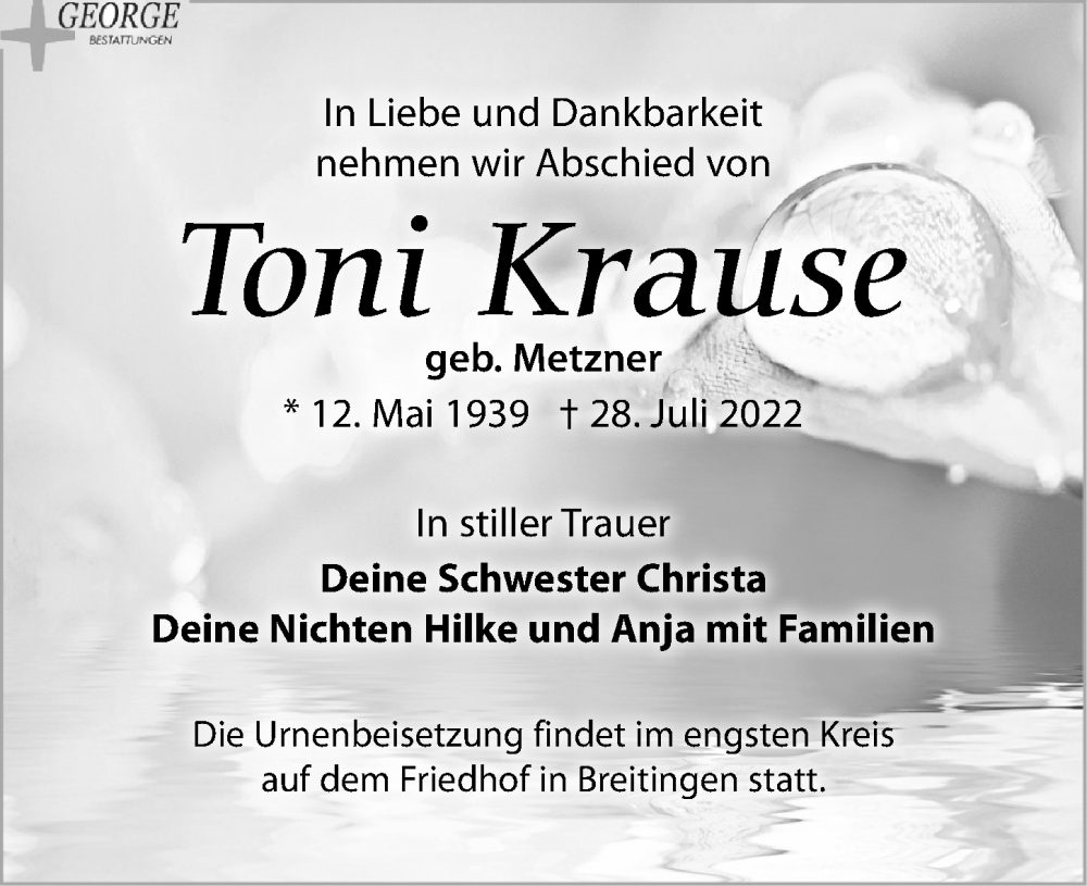  Traueranzeige für Toni Krause vom 06.08.2022 aus Leipziger Volkszeitung