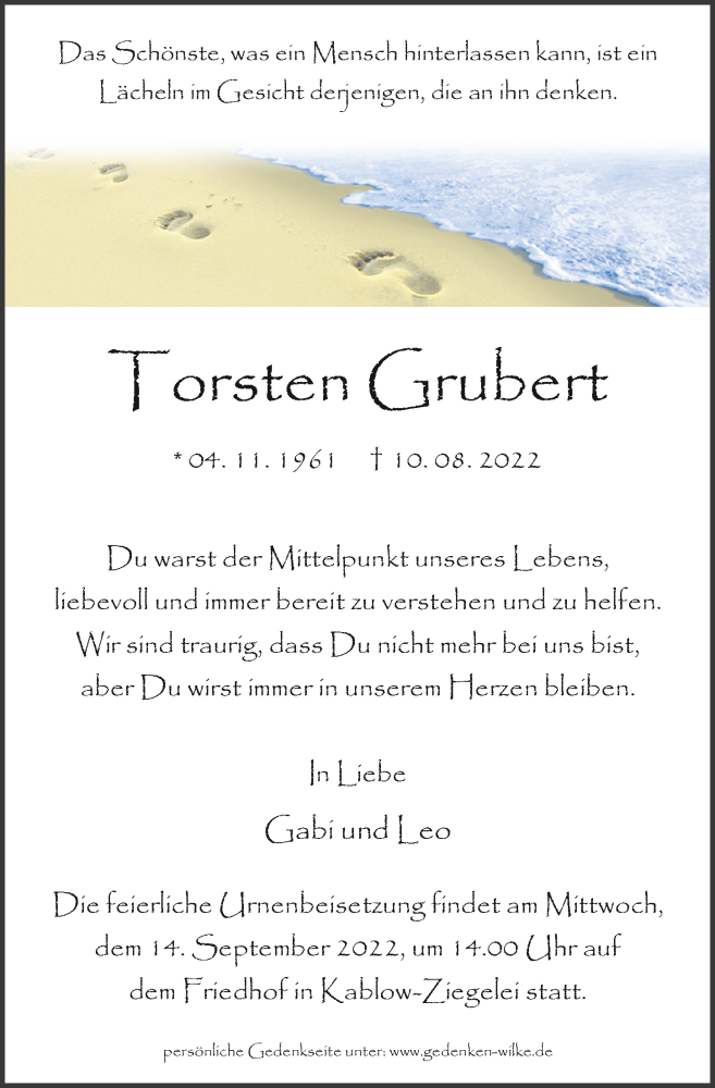  Traueranzeige für Torsten Grubert vom 27.08.2022 aus Märkischen Allgemeine Zeitung