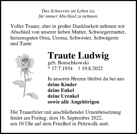 Traueranzeige von Traute Ludwig von Märkischen Allgemeine Zeitung