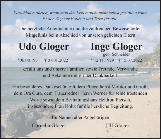 Traueranzeige von Udo Gloger von Ostsee-Zeitung GmbH