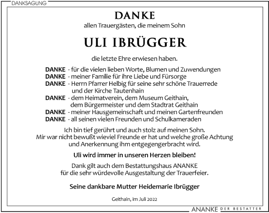 Traueranzeige von Uli Ibrügger von Leipziger Volkszeitung