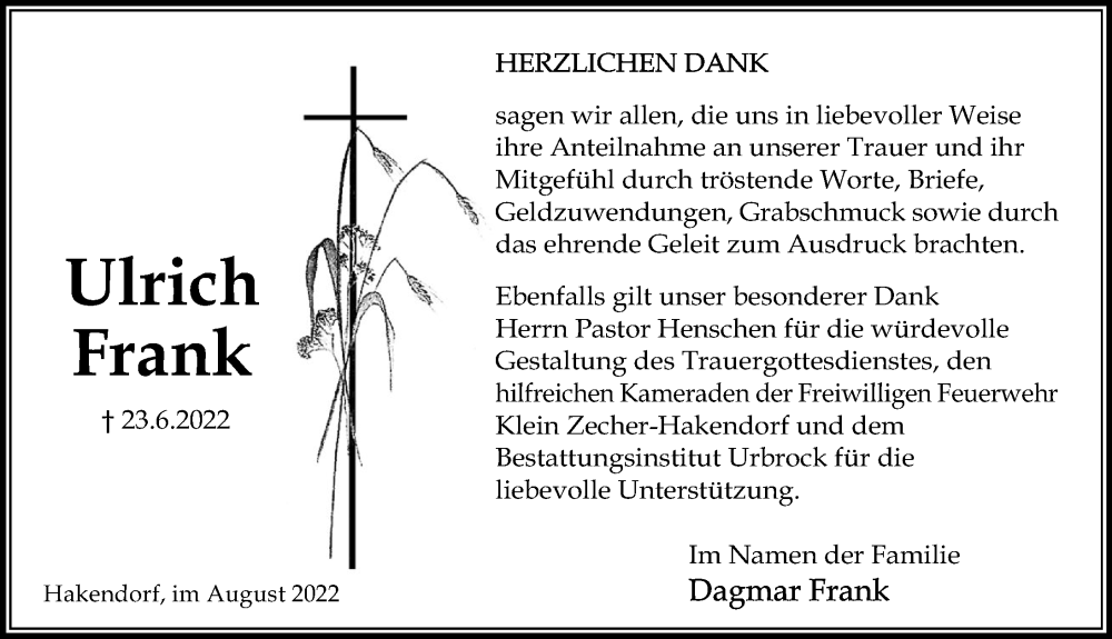  Traueranzeige für Ulrich Frank vom 06.08.2022 aus Lübecker Nachrichten