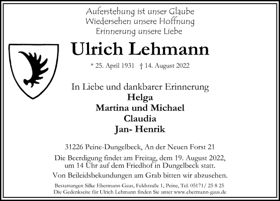 Traueranzeige von Ulrich Lehmann von Peiner Allgemeine Zeitung
