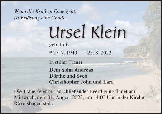 Traueranzeige von Ursel Klein von Ostsee-Zeitung GmbH