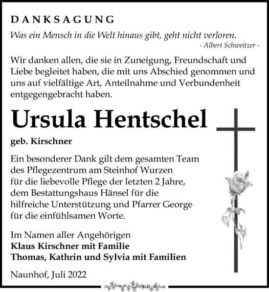 Traueranzeige von Ursula Hentschel von Leipziger Volkszeitung