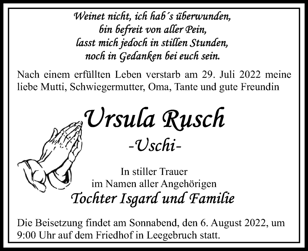  Traueranzeige für Ursula Kusch vom 02.08.2022 aus Märkischen Allgemeine Zeitung