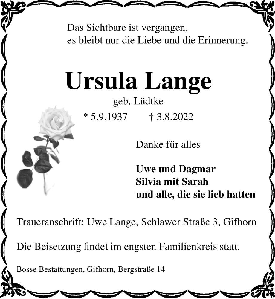  Traueranzeige für Ursula Lange vom 06.08.2022 aus Aller Zeitung