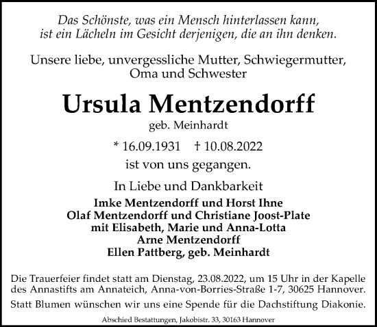 Traueranzeige von Ursula Mentzendorff von Hannoversche Allgemeine Zeitung/Neue Presse