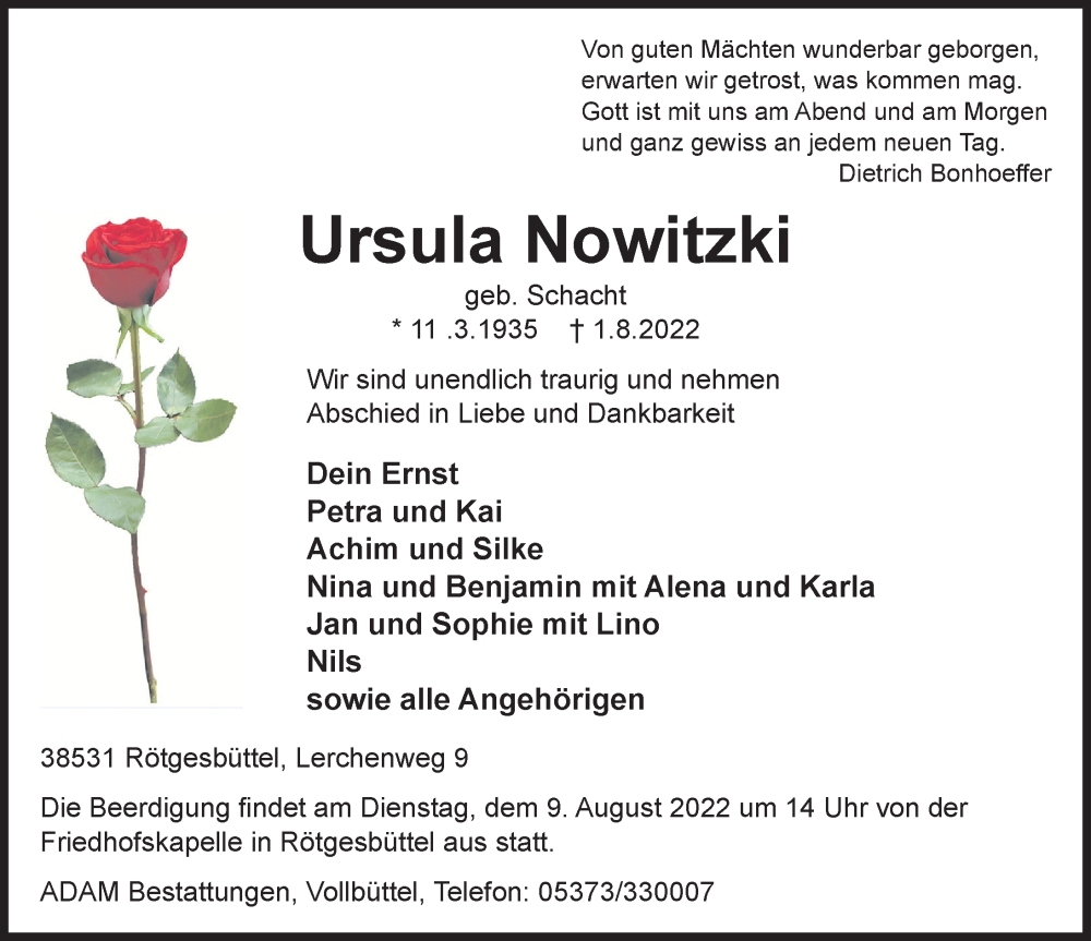  Traueranzeige für Ursula Nowitzki vom 04.08.2022 aus Aller Zeitung