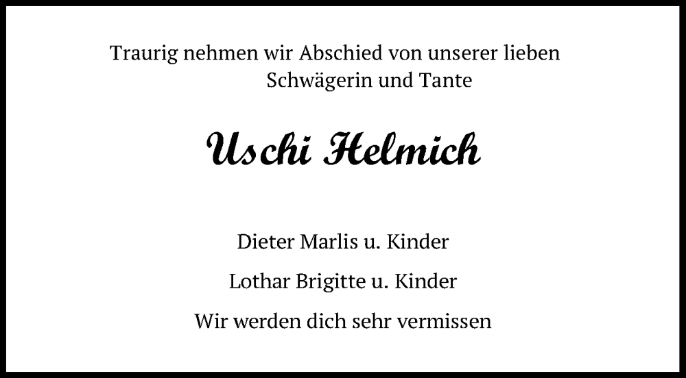  Traueranzeige für Uschi Helmich vom 12.08.2022 aus Kieler Nachrichten