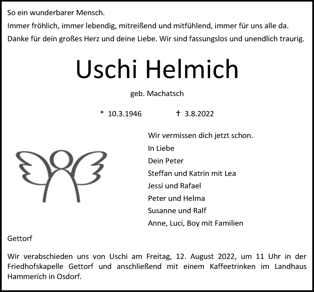  Traueranzeige für Uschi Helmich vom 06.08.2022 aus Kieler Nachrichten