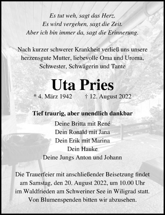 Traueranzeige von Uta Pries von Ostsee-Zeitung GmbH