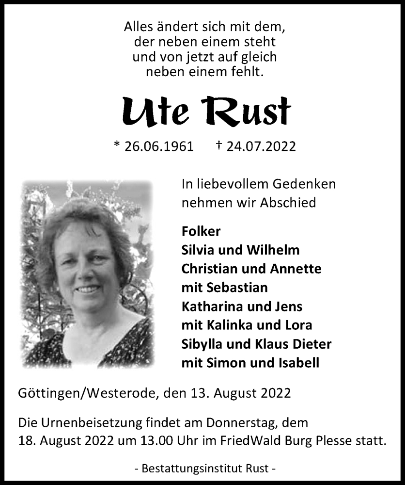  Traueranzeige für Ute Rust vom 13.08.2022 aus Göttinger Tageblatt