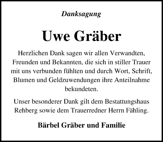 Traueranzeige von Uwe Gräber von Ostsee-Zeitung GmbH