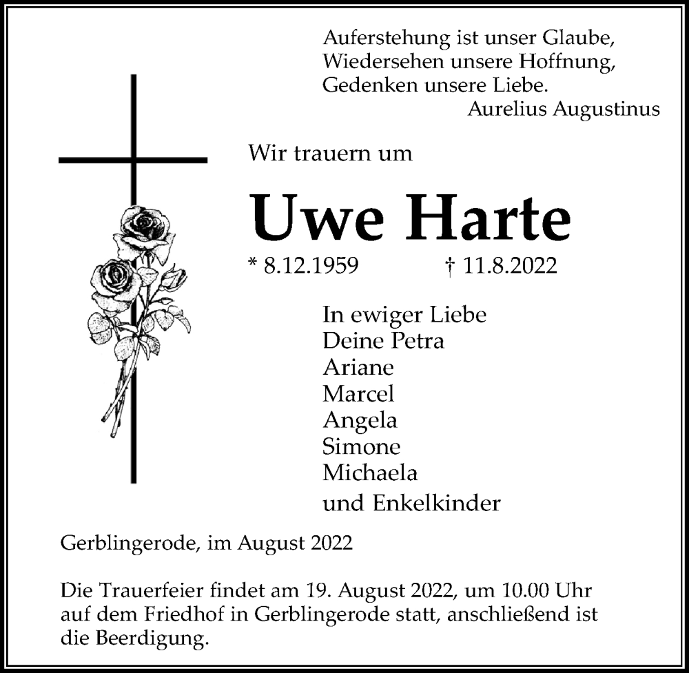  Traueranzeige für Uwe Harte vom 17.08.2022 aus Eichsfelder Tageblatt