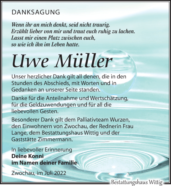 Traueranzeige von Uwe Müller von Leipziger Volkszeitung