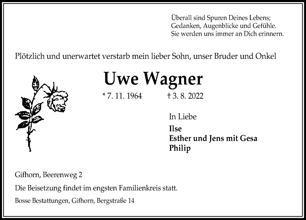  Traueranzeige für Uwe Wagner vom 06.08.2022 aus Aller Zeitung