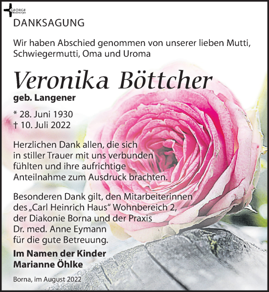 Traueranzeige von Veronika Böttcher von Leipziger Volkszeitung