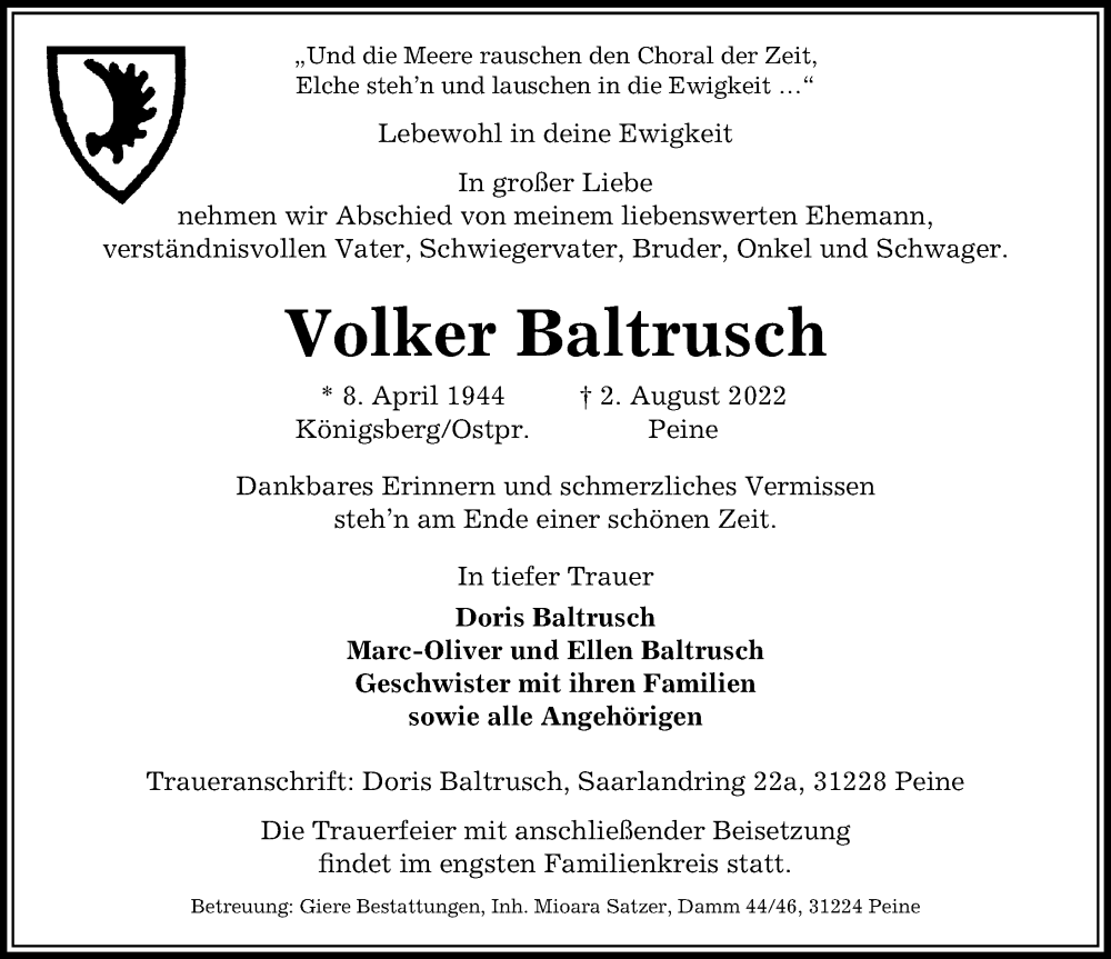  Traueranzeige für Volker Baltrusch vom 06.08.2022 aus Peiner Allgemeine Zeitung