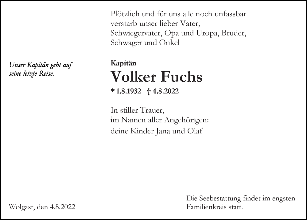  Traueranzeige für Volker Fuchs vom 06.08.2022 aus Ostsee-Zeitung GmbH