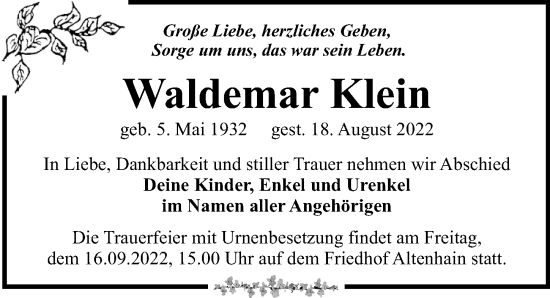 Traueranzeige von Waldemar Klein von Leipziger Volkszeitung