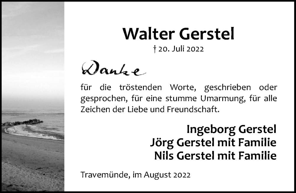  Traueranzeige für Walter Gerstel vom 21.08.2022 aus Lübecker Nachrichten