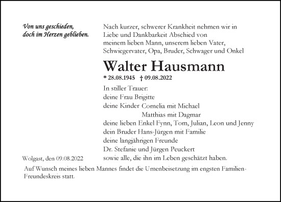 Traueranzeige von Walter Hausmann von Ostsee-Zeitung GmbH