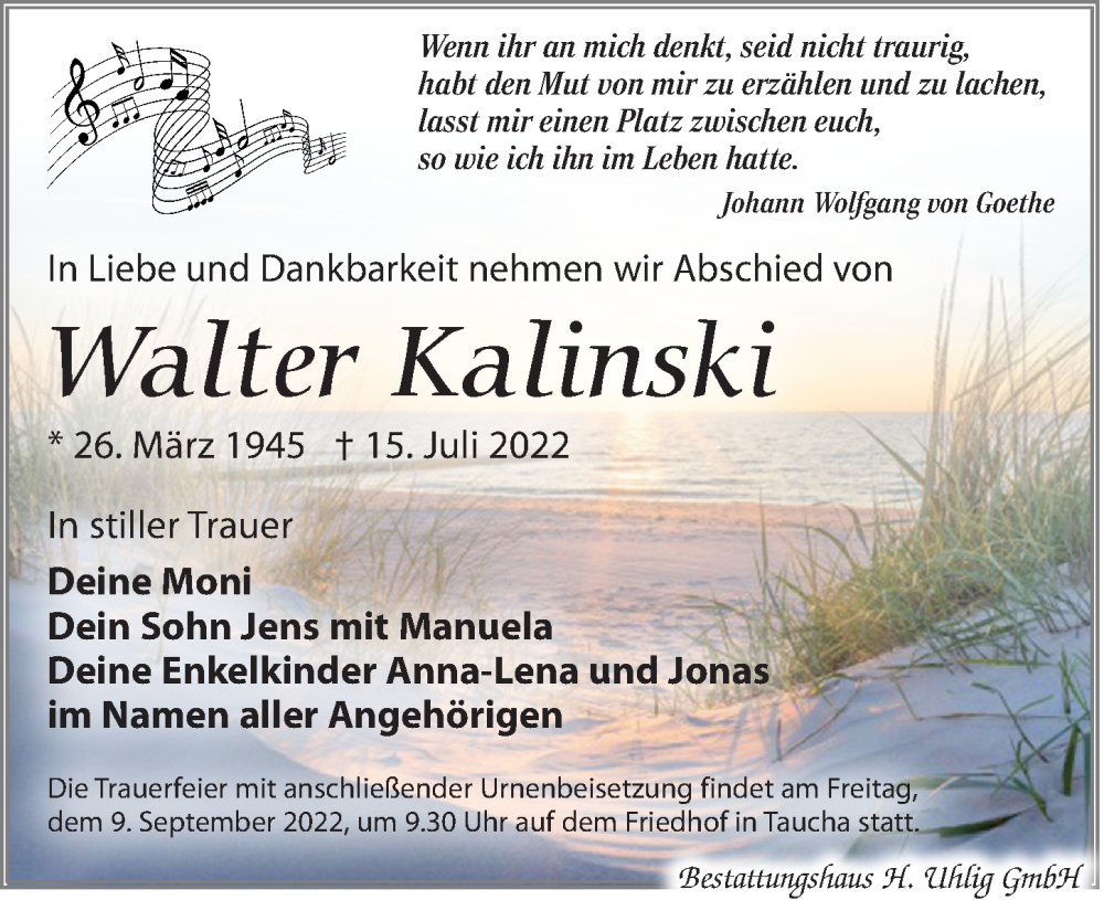  Traueranzeige für Walter Kalinski vom 20.08.2022 aus Leipziger Volkszeitung