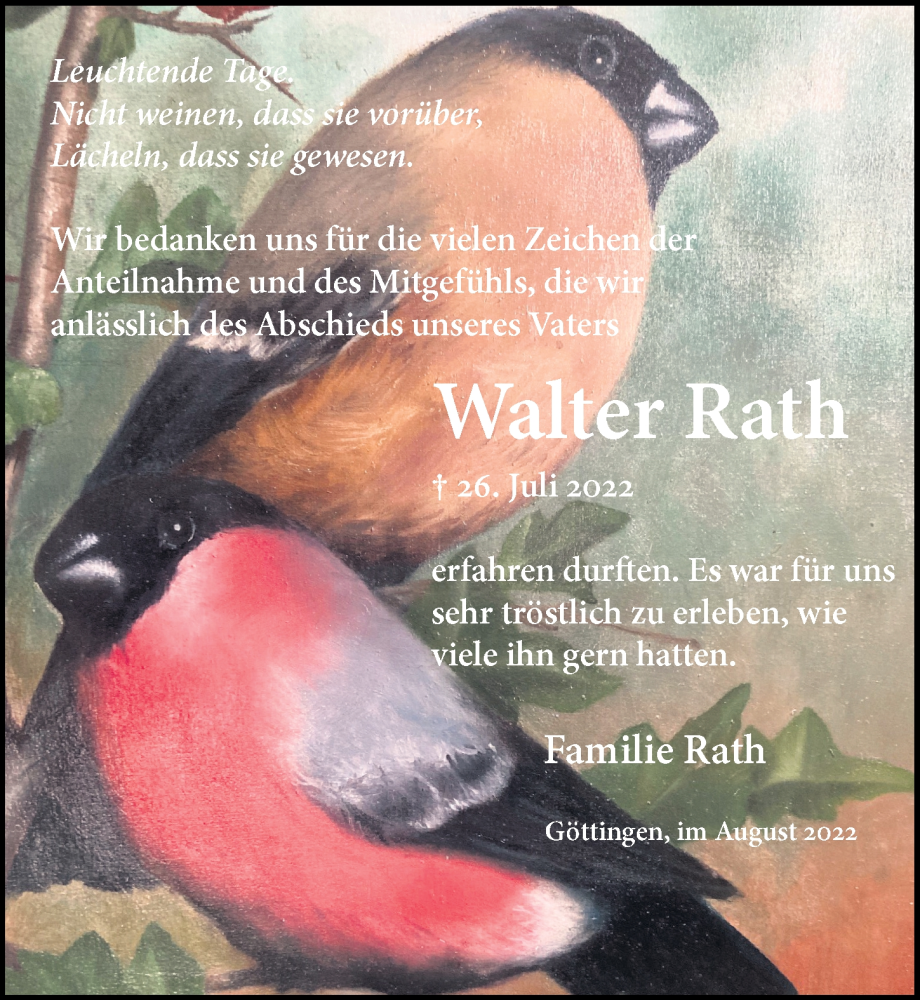  Traueranzeige für Walter Rath vom 27.08.2022 aus Göttinger Tageblatt
